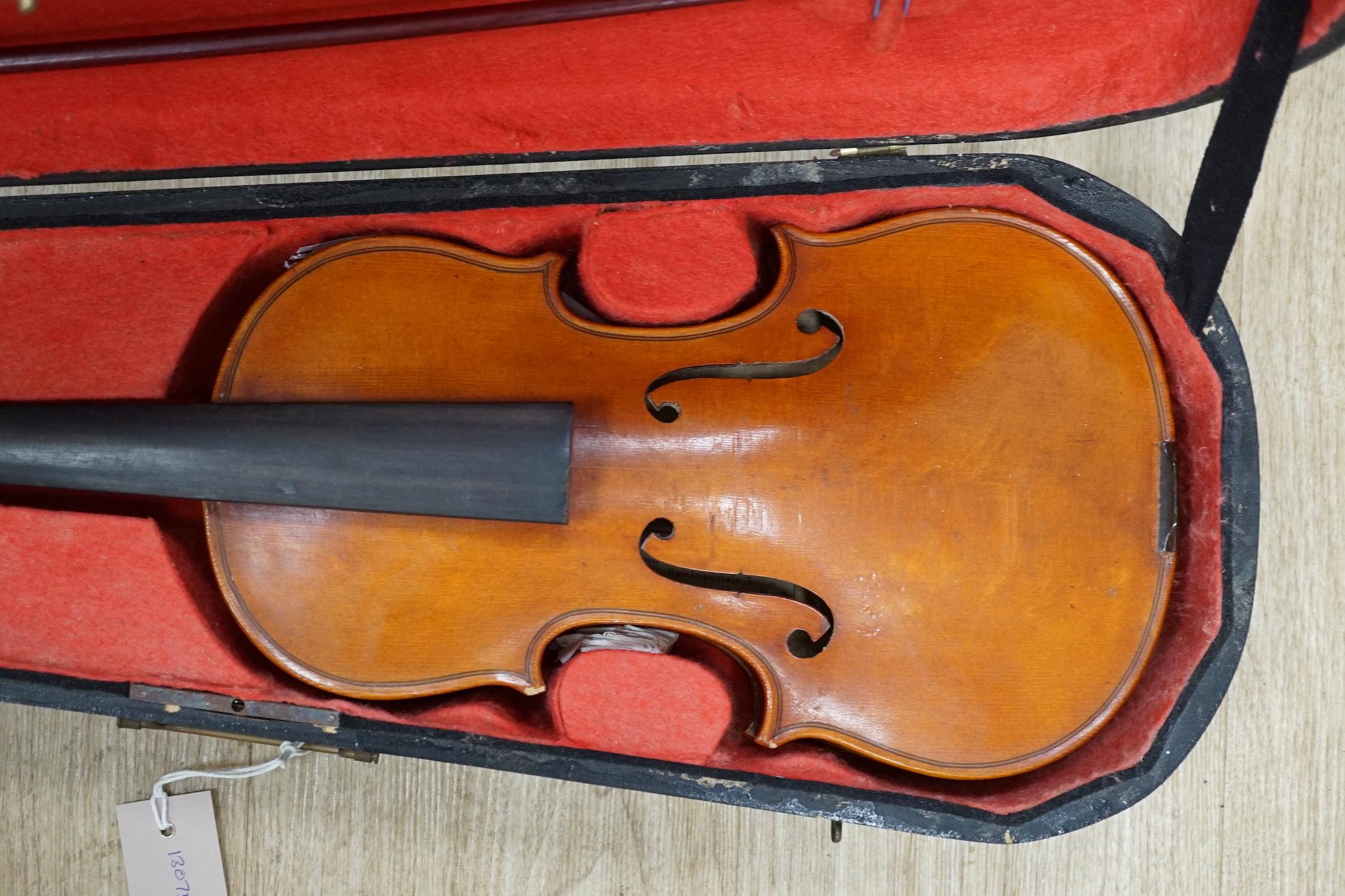 A wooden cased early 20th century French three-quarter size violin by Bonnel Rennes, length of body 33cm, with bow CITES Submission reference HV7BAZUC